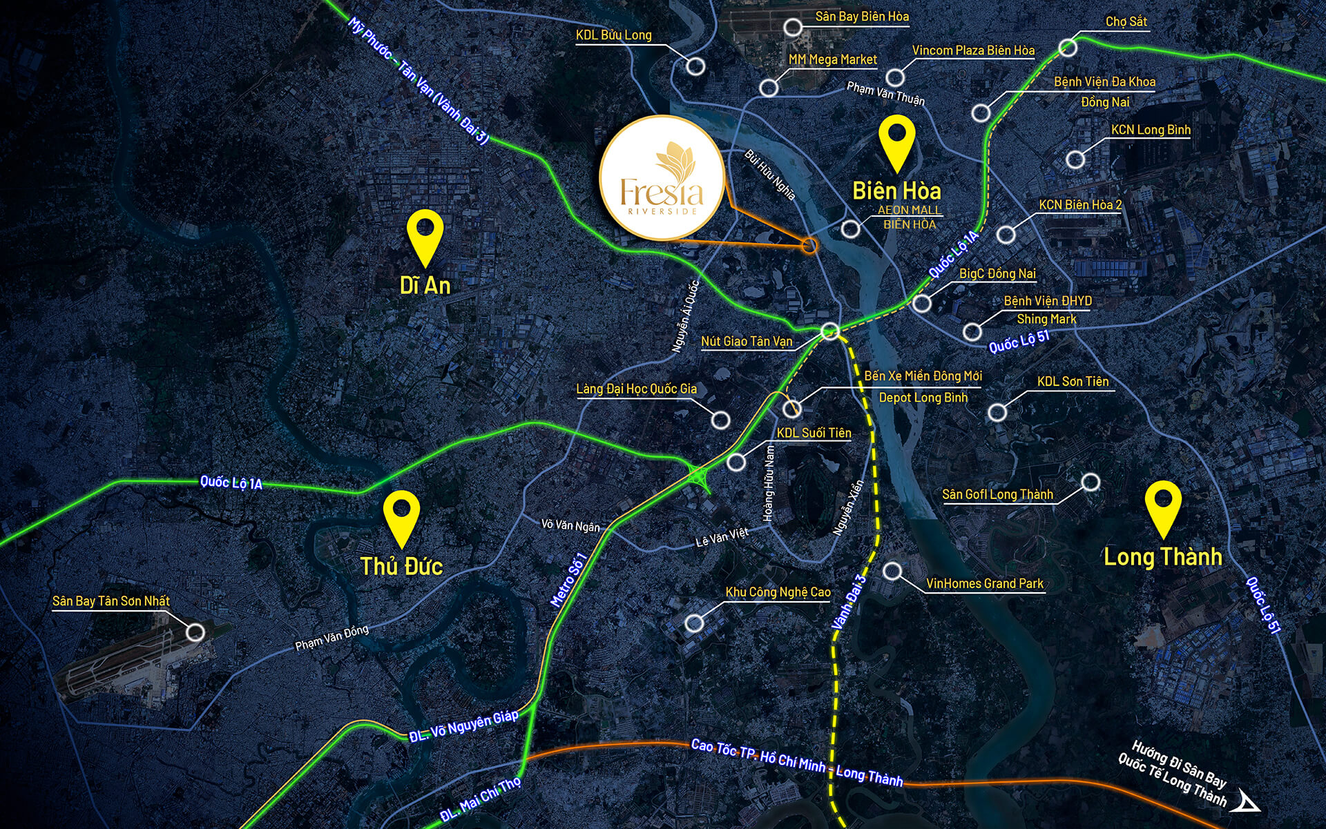 FRESIA RIVERSIDE: CĂN HỘ ĐA KẾT NỐI Vị trí Fresia Riverside sở hữu đắc địa ngay trung tâm tam giác vàng kinh tế gồm TP Dĩ An (Bình Dương), TP Biên Hòa (Đồng Nai) và TP Thủ Đức (TP.HCM)